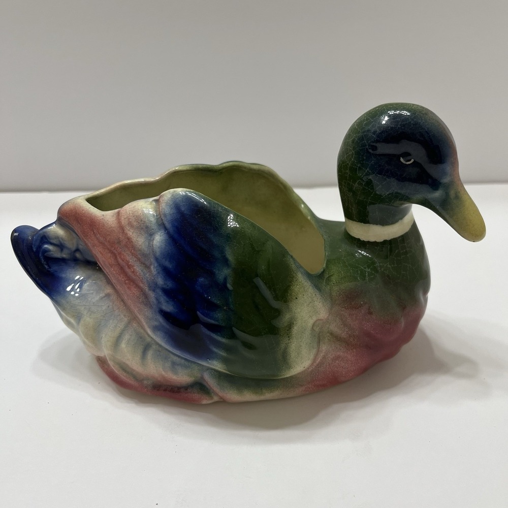 Vintage Ceramic Mallard Duck Planter Colorful Glazed Crazing 7.5x4.5"